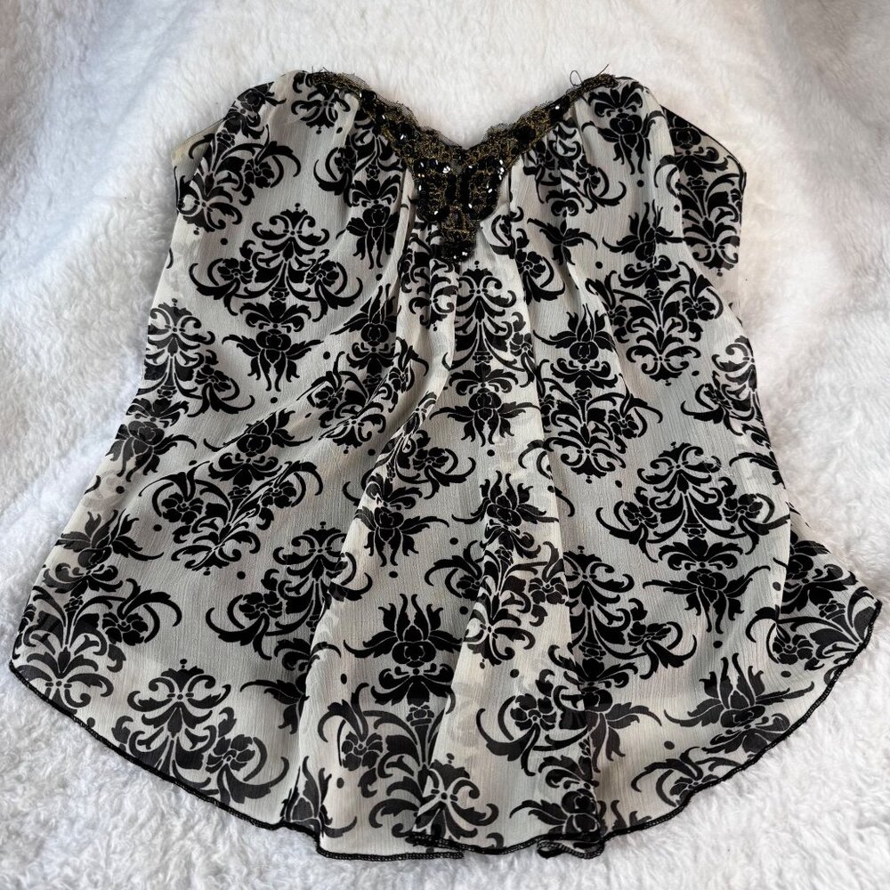 MANDEES Y2K SMALL BLACK & WHITE EMBELLISHED SHEER SATIN CORSET TOP DARK FEMININE